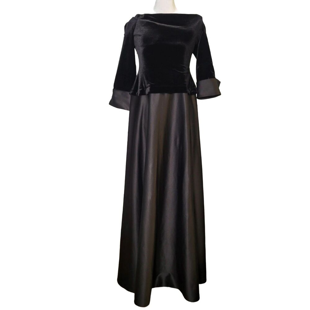 Vtg 90s JS Collections Black Velvet Satin Gown Maxi Dress Sz 8 Formal Whimsigoth